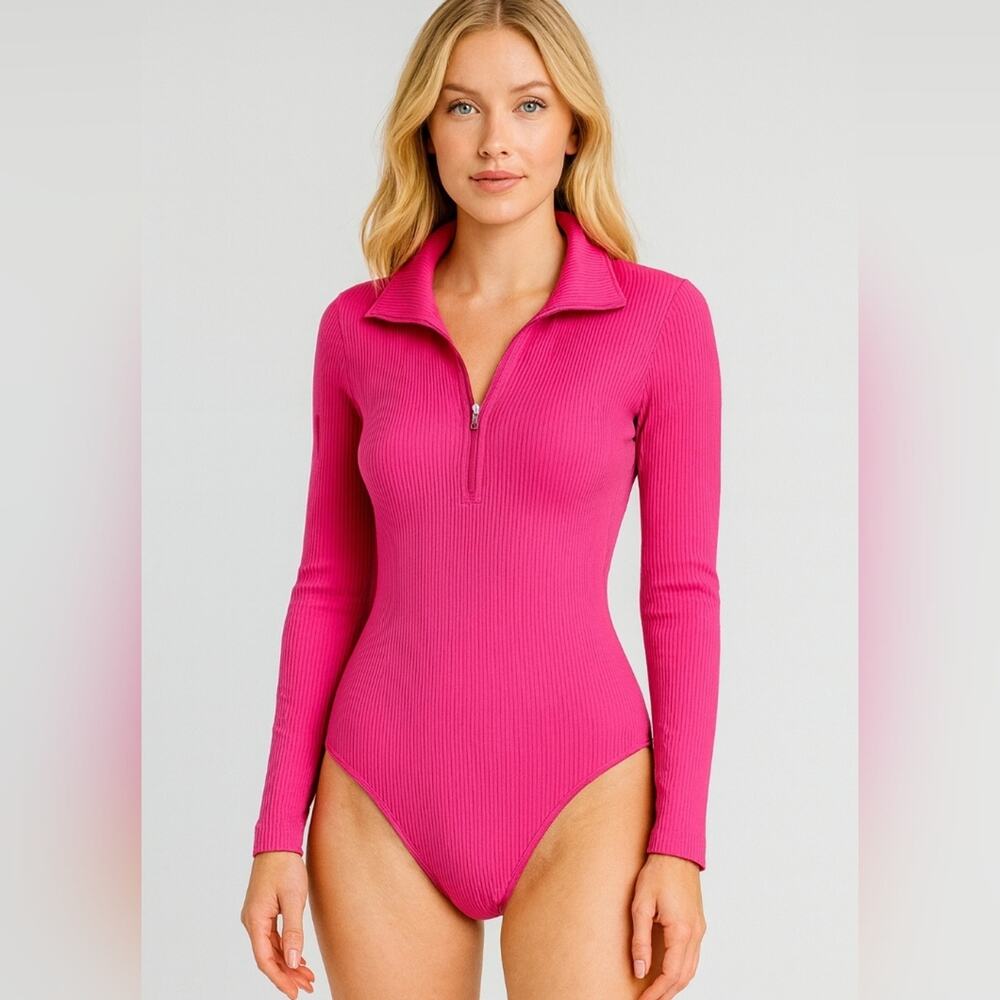 OQQ Womens Ribbed Half Zip Bodysuit Small Hot Pink Long Sleeve Stretch One Piece